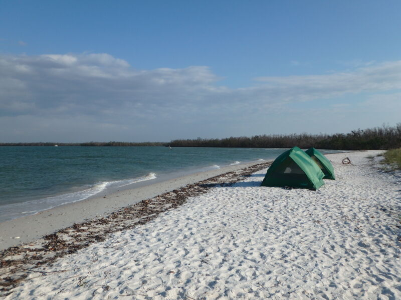 The image shows a green tent pitched on a white sandy beach next to a calm, turquoise sea. The sky is blue with scattered clouds. A line of trees runs along the coastline in the distance. The beach is covered with seaweed and the scene appears peaceful and isolated.